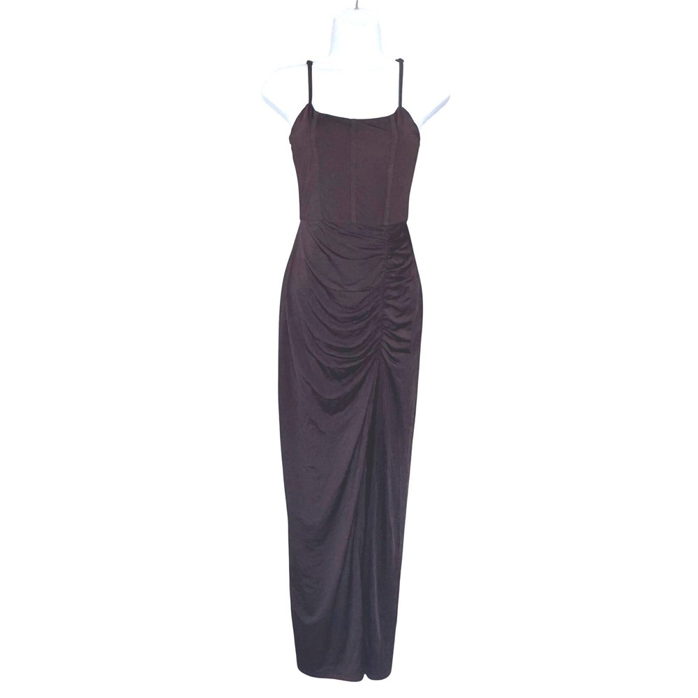 Showpo Dress Chocolate Brown Corset Ruched Maxi Slit‎ Dark Academia Bodycon Sz 2
